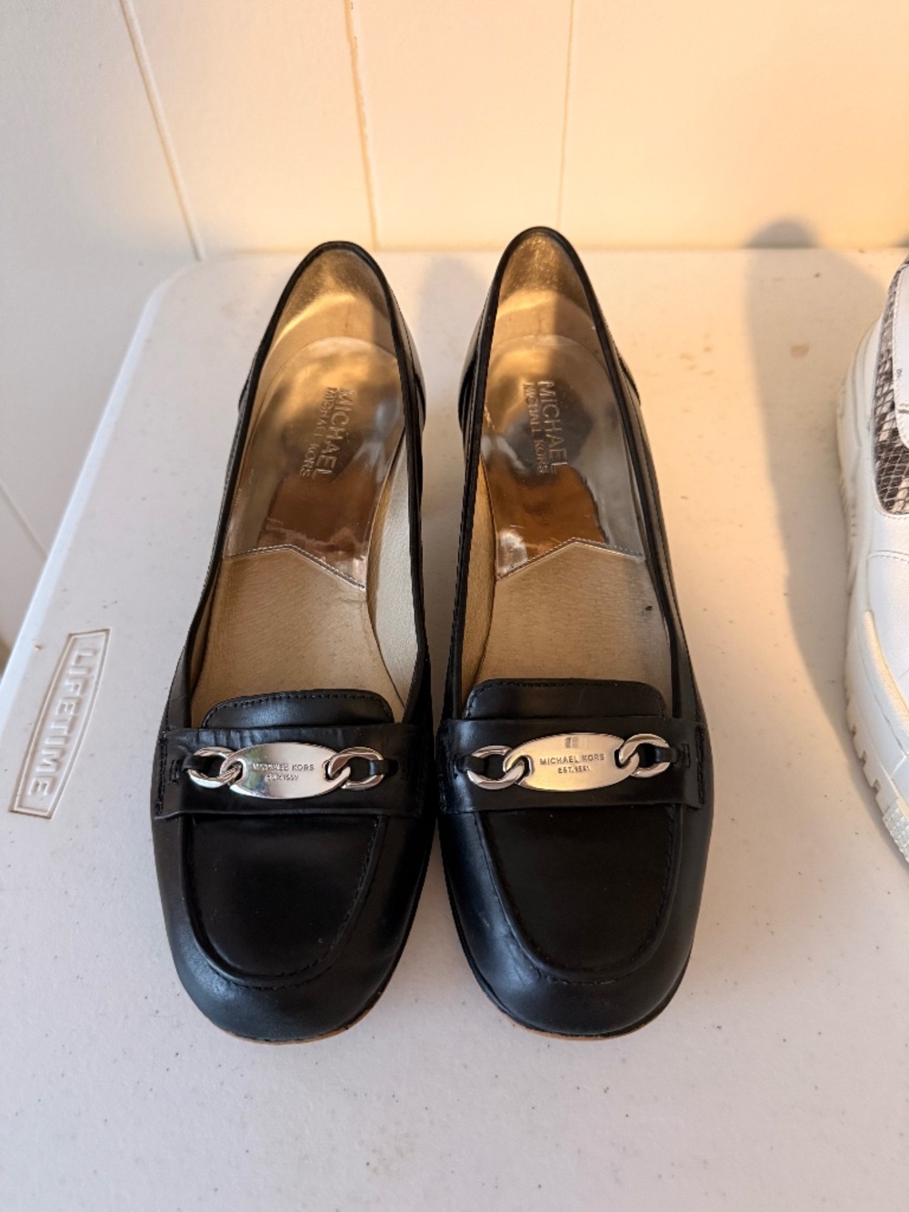 Michael Kors Black Leather Chain-Accent Loafers